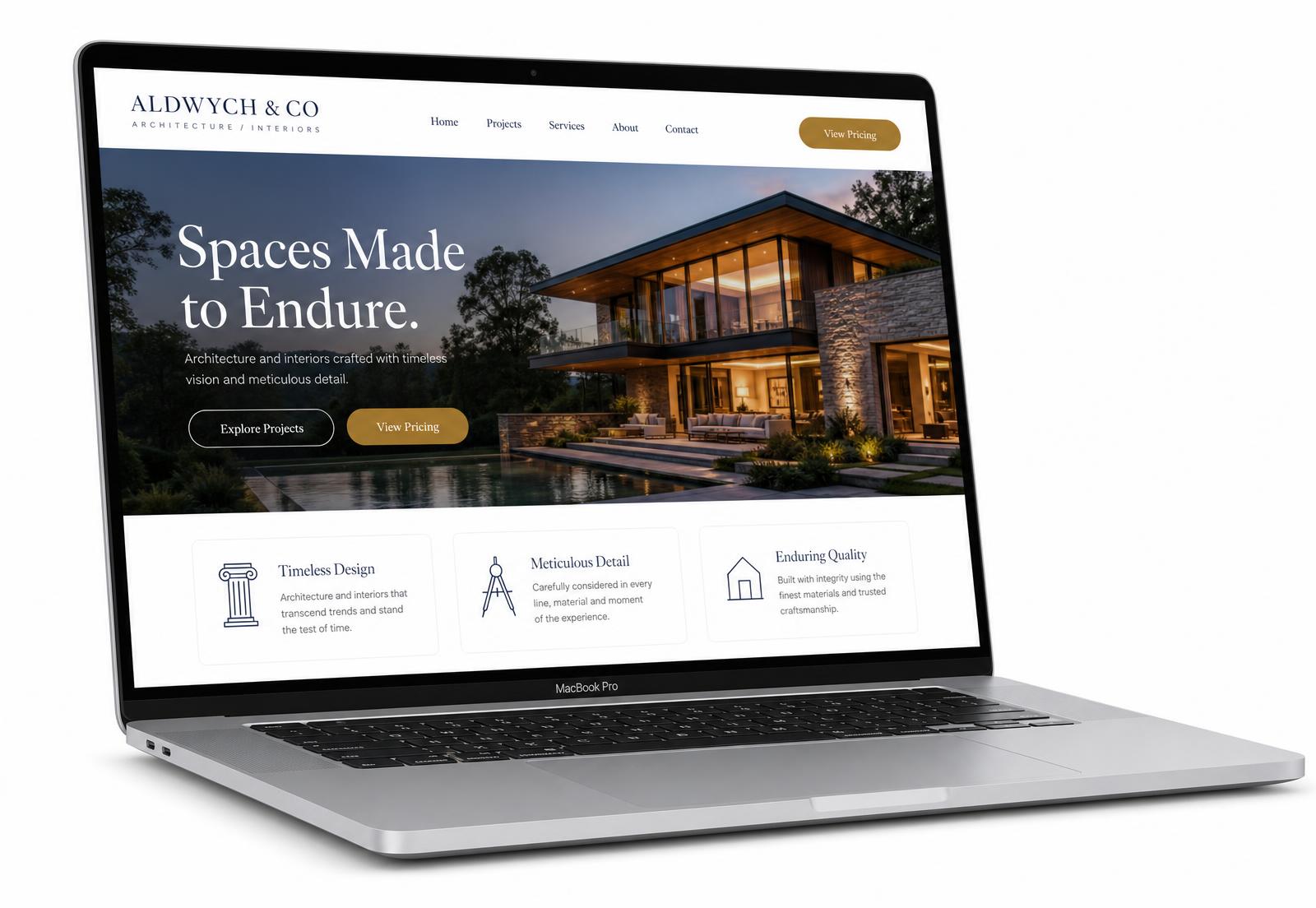 Laptop displaying a premium architecture and interior design studio website designed by Elevate Web Studio