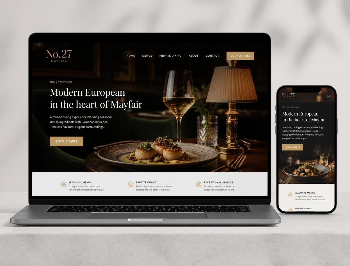 Restaurant website design for No. 27 Mayfair by Elevate Web Studio